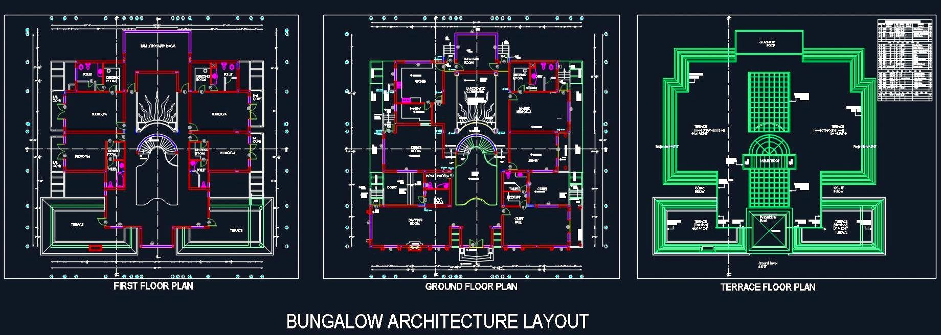 Double-Storey Bungalow AutoCAD Plan 80'x80' Layout